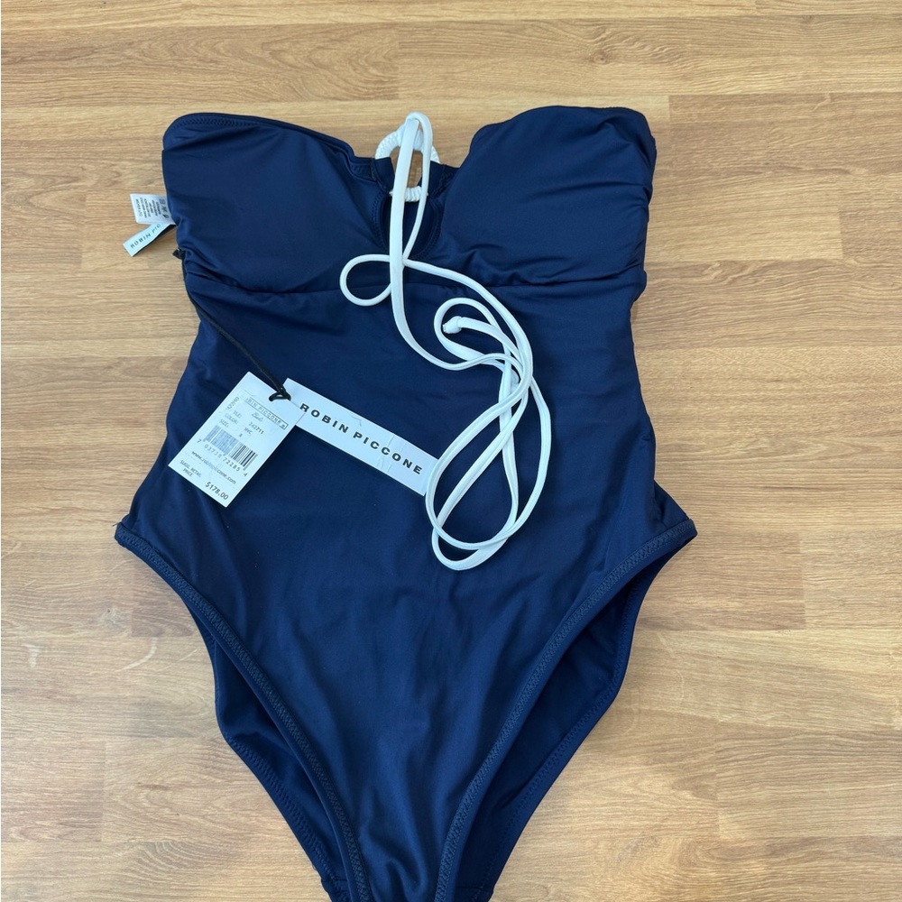 Robin Piccone Navy Stripe Halter One Piece Bandeau Babe Swimsuit - Picture 6 of 7